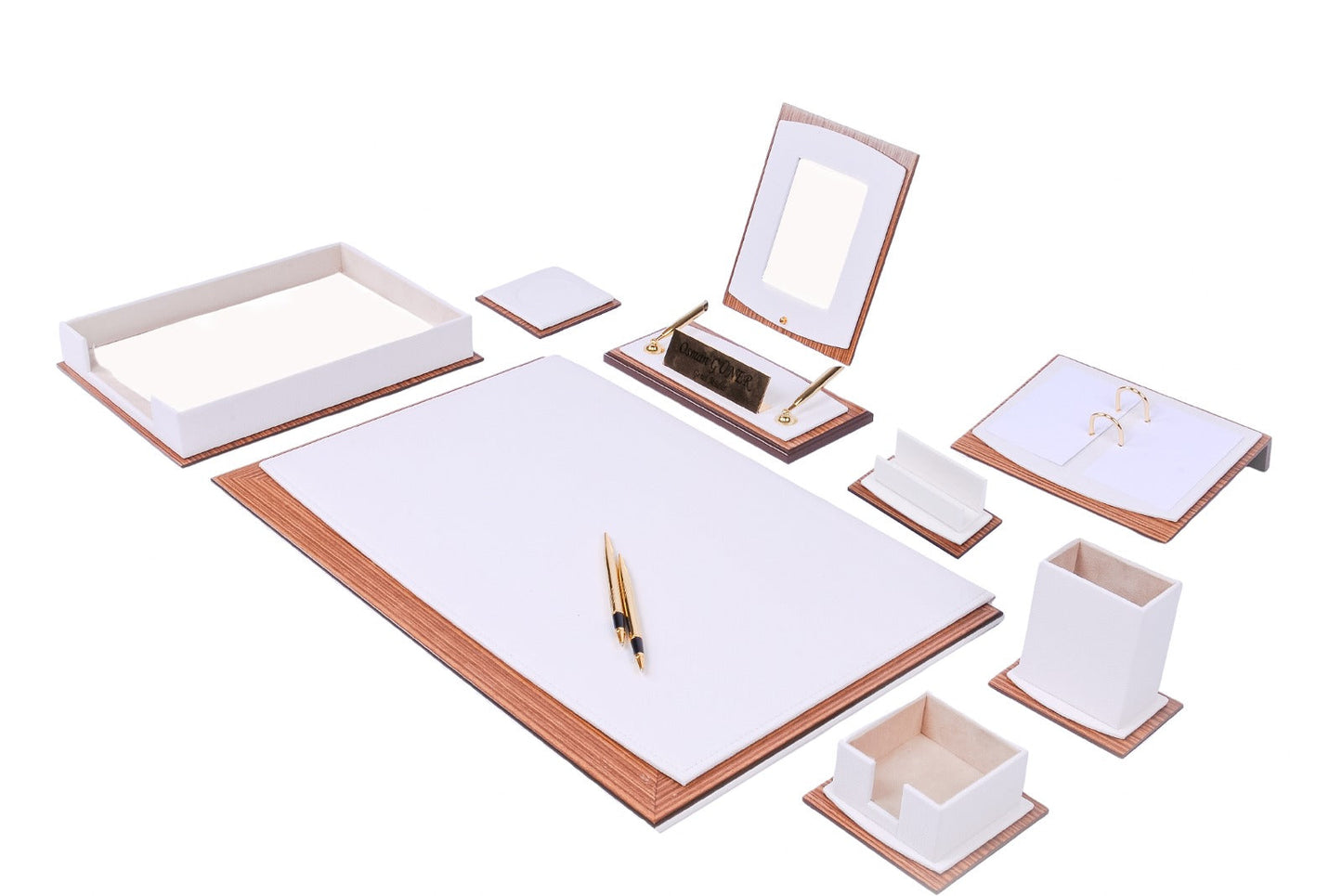 MOOG Star Leather Desk Set -Walnut Wood Combination - White -11 PCS - Kool Products