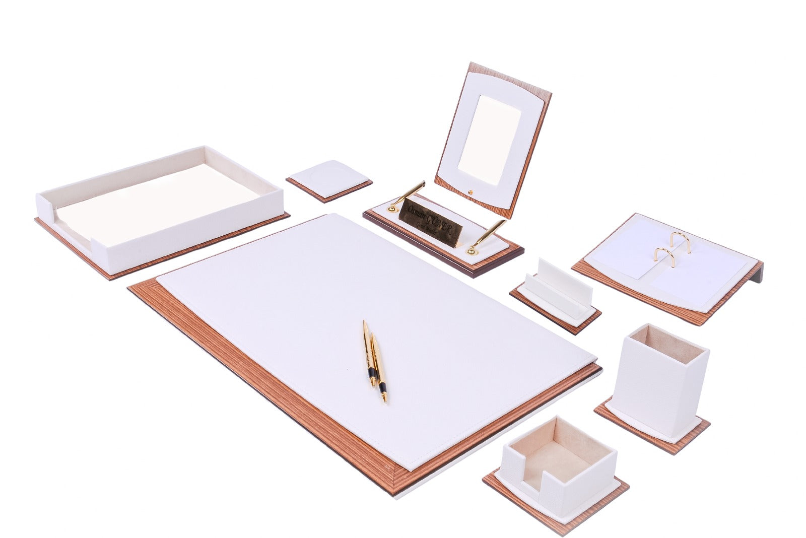 MOOG Star Leather Desk Set -Walnut Wood Combination - White -11 PCS - Kool Products