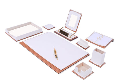MOOG Star Leather Desk Set -Walnut Wood Combination - White -11 PCS - Kool Products