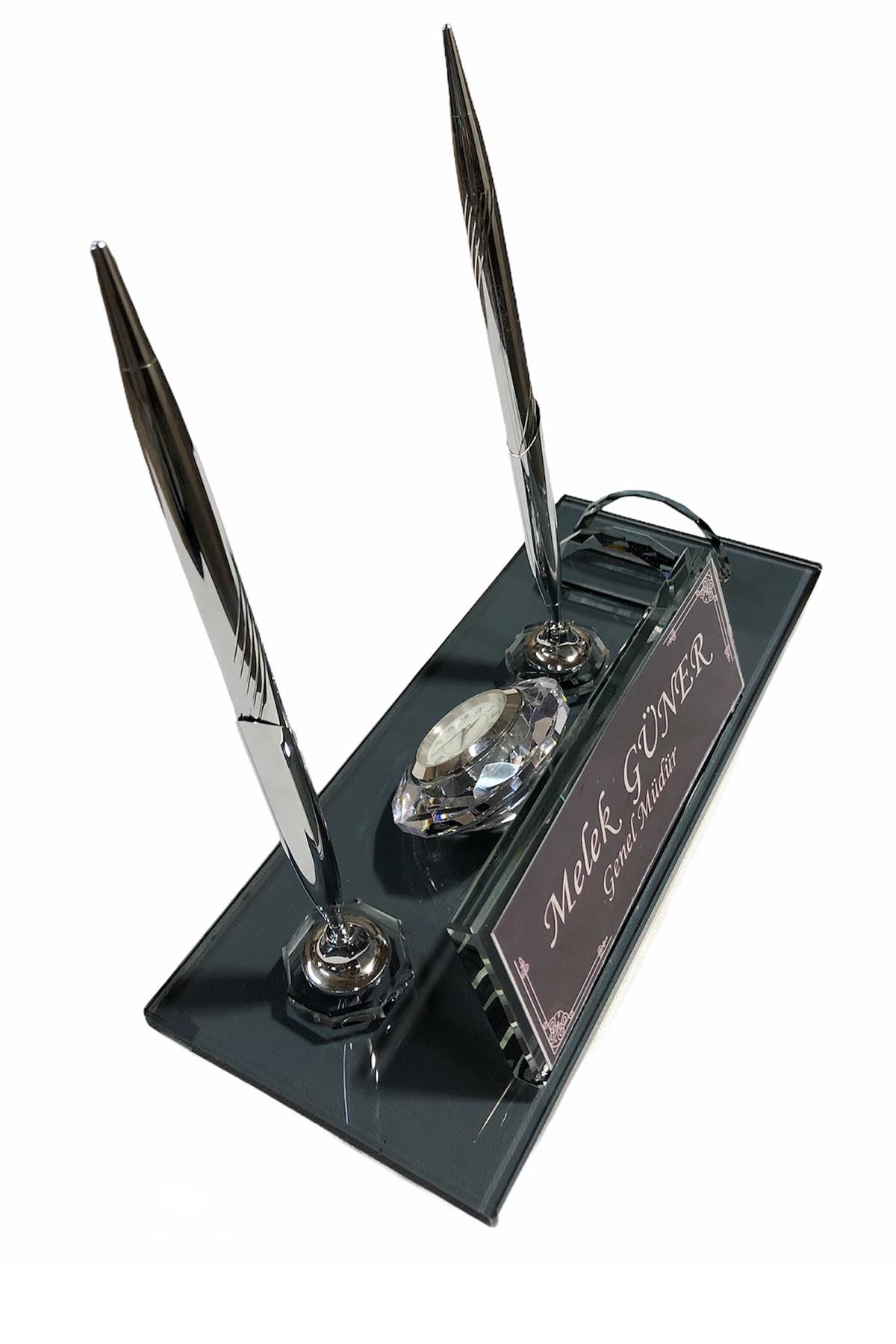 MOOG  Black Glass Desk Name Plate With Clock - Kool Products