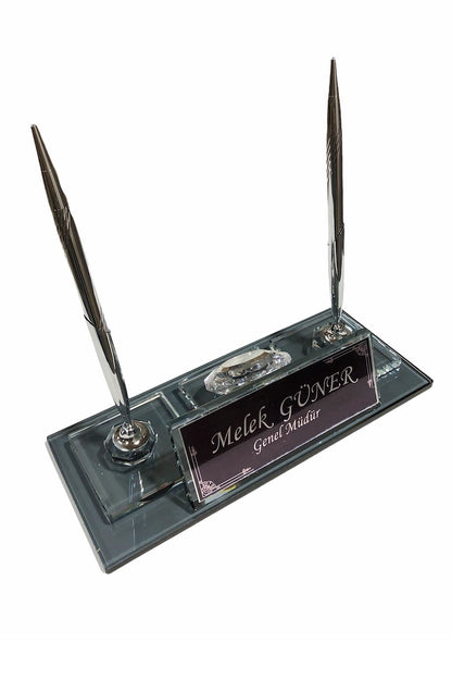 MOOG  Black Glass Desk Name Plate With Clock - Kool Products