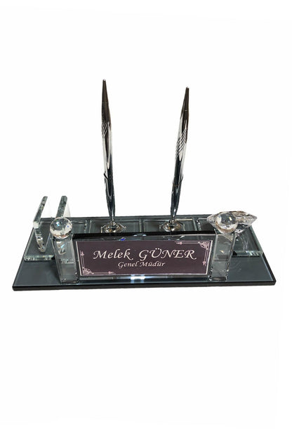MOOG Black Glass Desk Name Plate With Clock - Kool Products