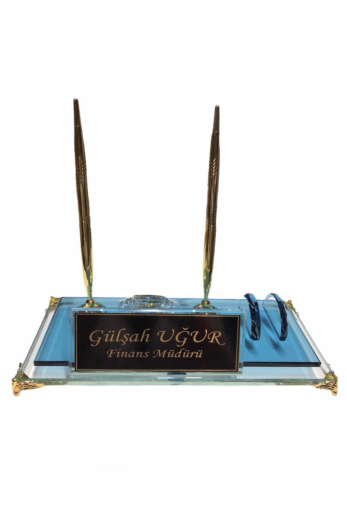 MOOG  Blue Glass Desk Name Plate With Clock - Kool Products