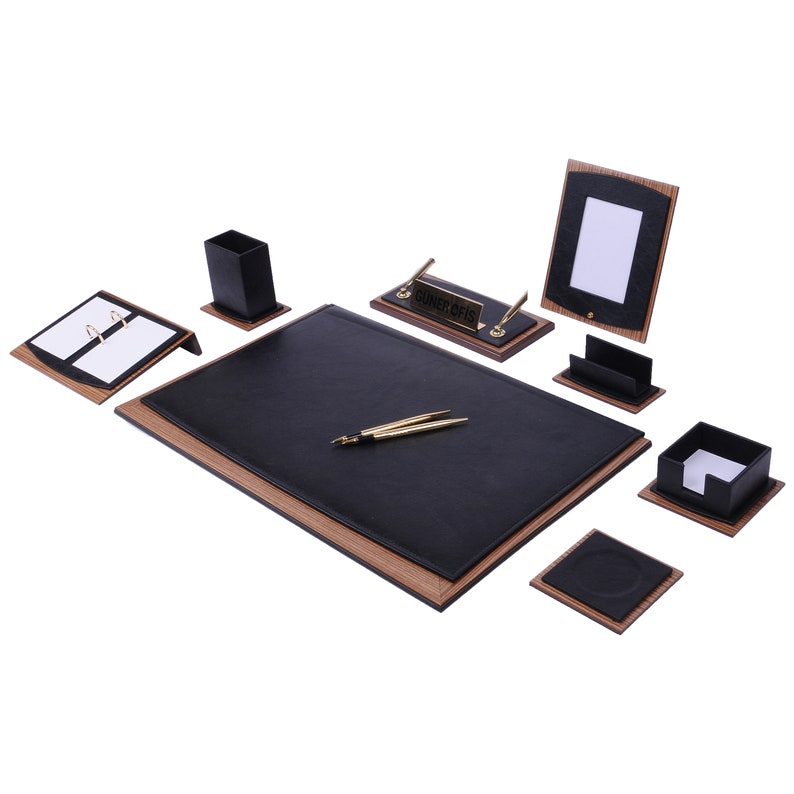 MOOG Star Leather Desk Set -Walnut Wood Combination - Black-10 PCS - Kool Products