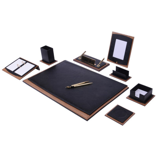 MOOG Star Leather Desk Set -Walnut Wood Combination - Black-10 PCS - Kool Products