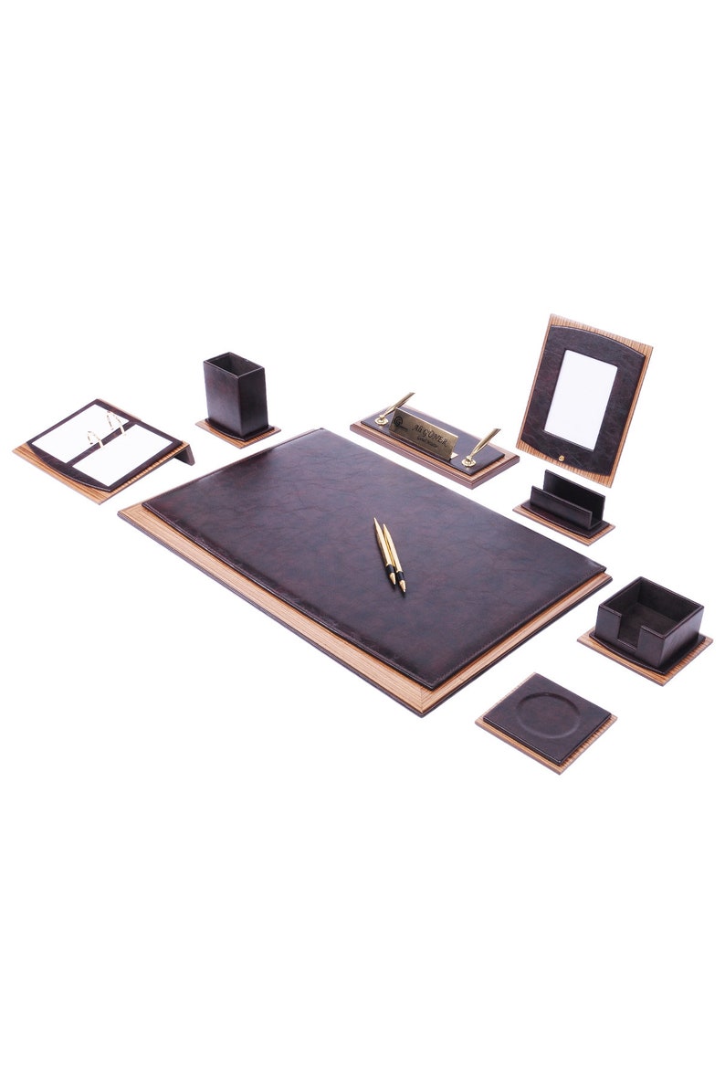 MOOG Star Leather Desk Set -Walnut Wood Combination - White-10 PCS - Kool Products
