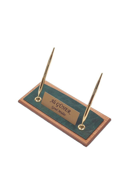 MOOG Star Leather Desk Set -Walnut Wood Combination -Double Document Tray - Green-11 PCS - Kool Products