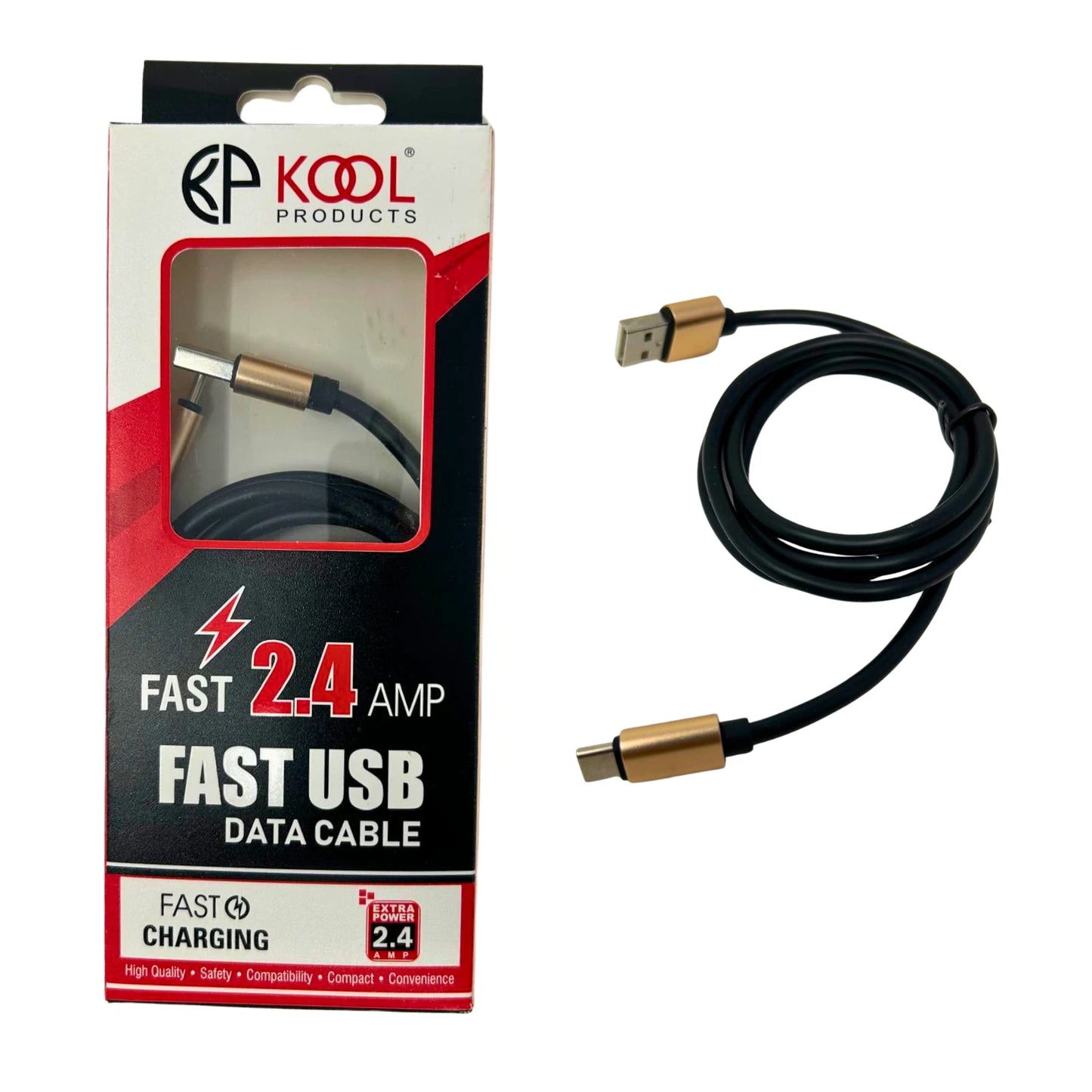 Fast USB Data Cable 2.4A – USB-C Charging Cord – Black & Gold – High Speed